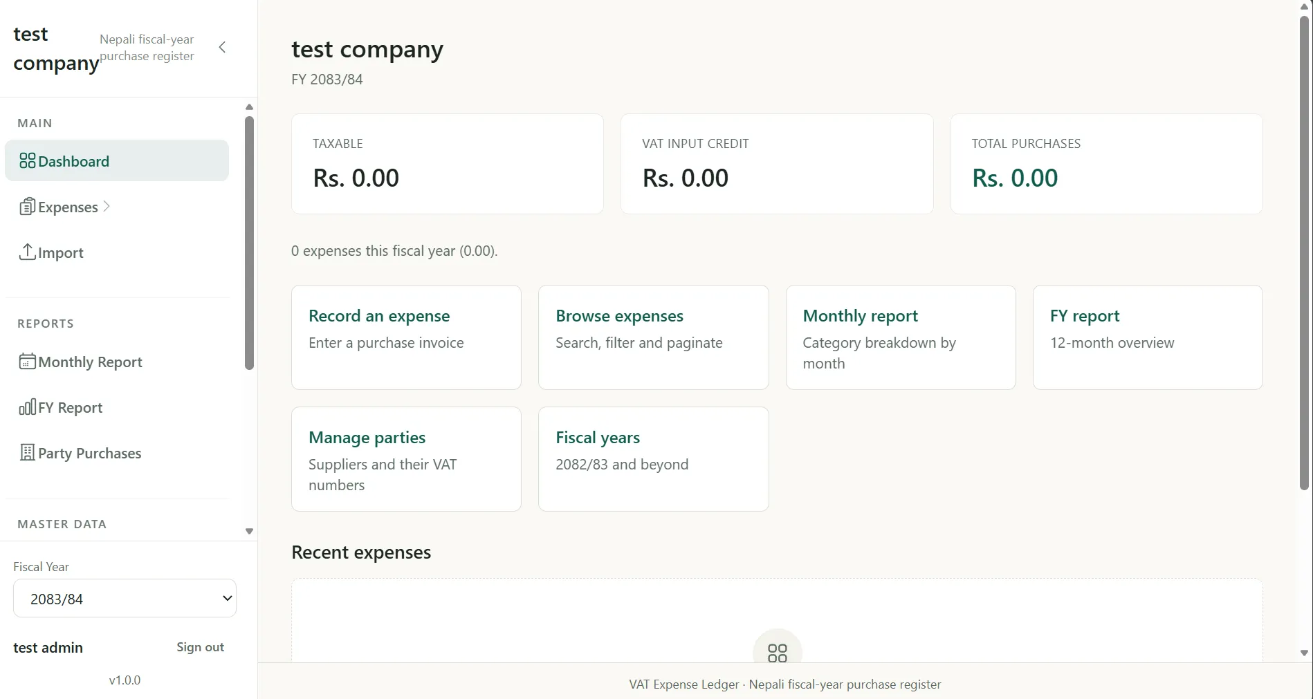 VAT Expense Ledger dashboard with purchase summaries and expense navigation